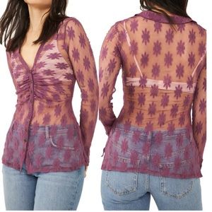 9. Live Boho NWT FREE PEOPLE Flower Fields Sheer Lace Blouse Boysenberry Large